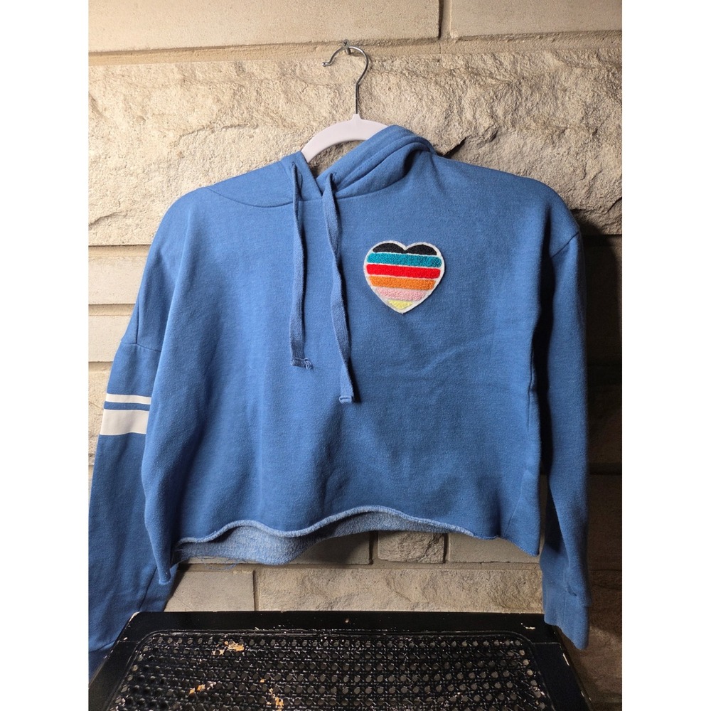 Aeropostale Womens Blue‎ Cropped Hoodie Heart Patch Striped Sleeve XS 0584